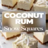 Two-part image of coconut rum snow squares arranged on a marble board, topped with coconut shavings; bottom section shows a bitten square emphasizing creamy texture.