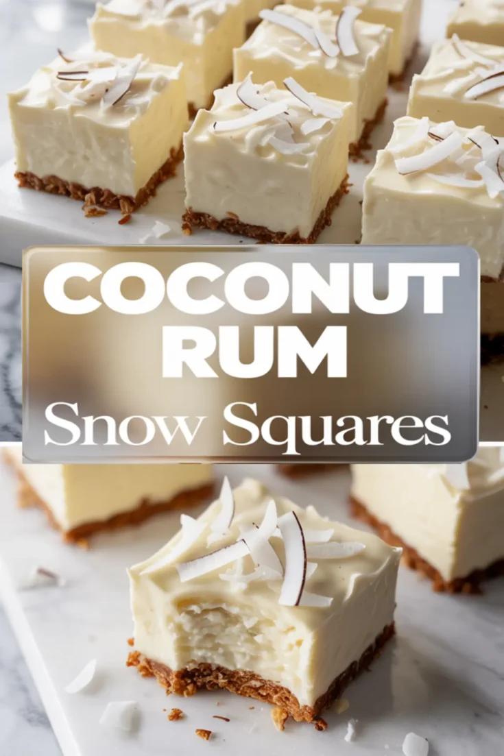 Two-part image of coconut rum snow squares arranged on a marble board, topped with coconut shavings; bottom section shows a bitten square emphasizing creamy texture.