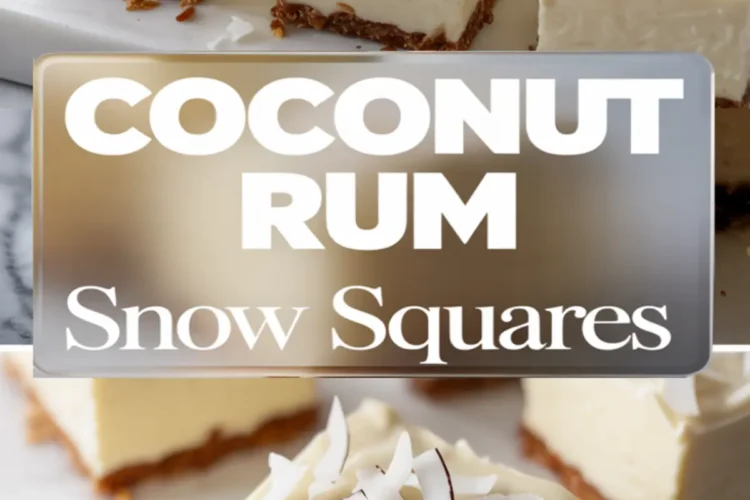 Two-part image of coconut rum snow squares arranged on a marble board, topped with coconut shavings; bottom section shows a bitten square emphasizing creamy texture.