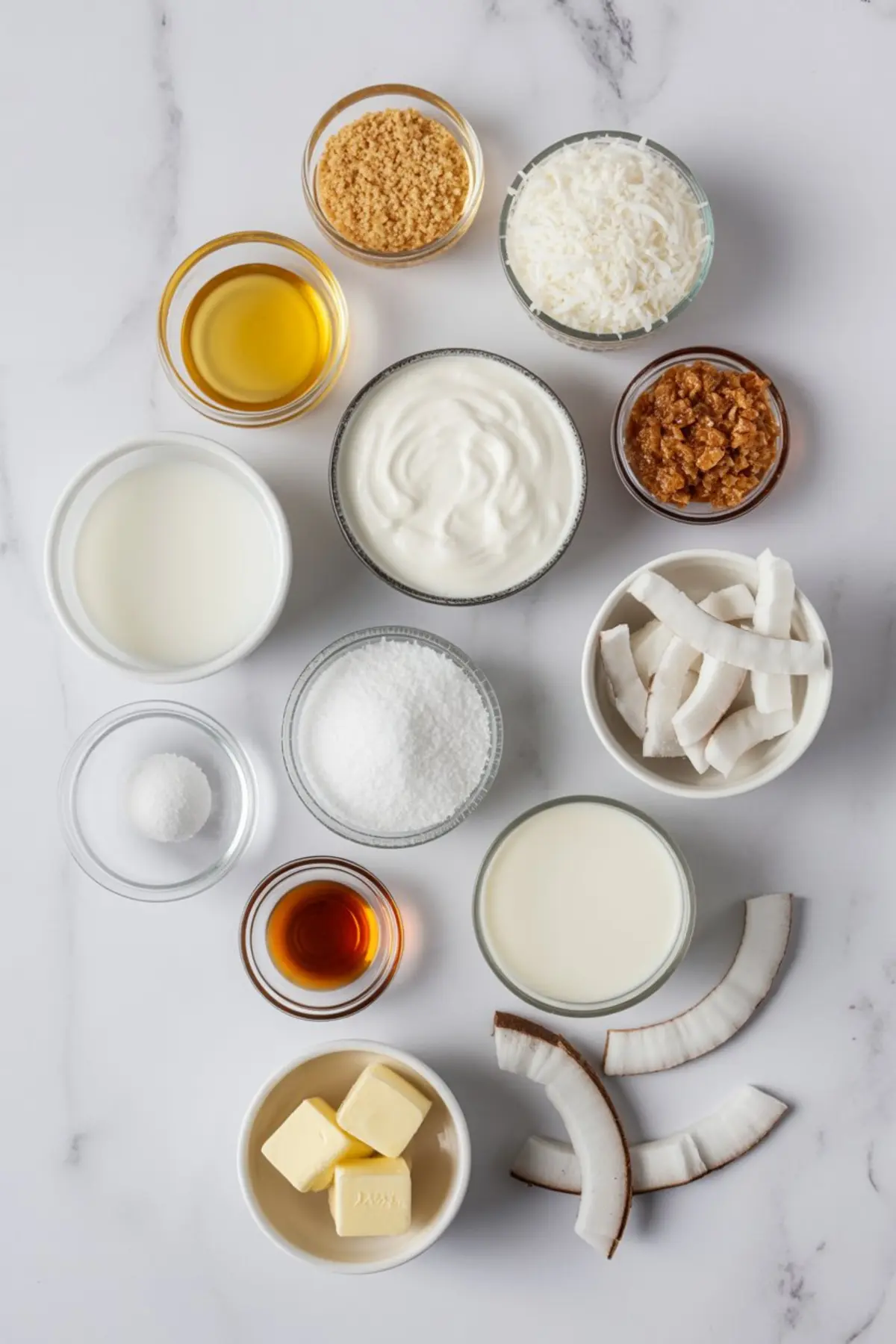 Flat lay of ingredients for coconut dessert including butter, sugar, yogurt, shredded coconut, rum, vanilla, salt, and coconut slices on white marble.
