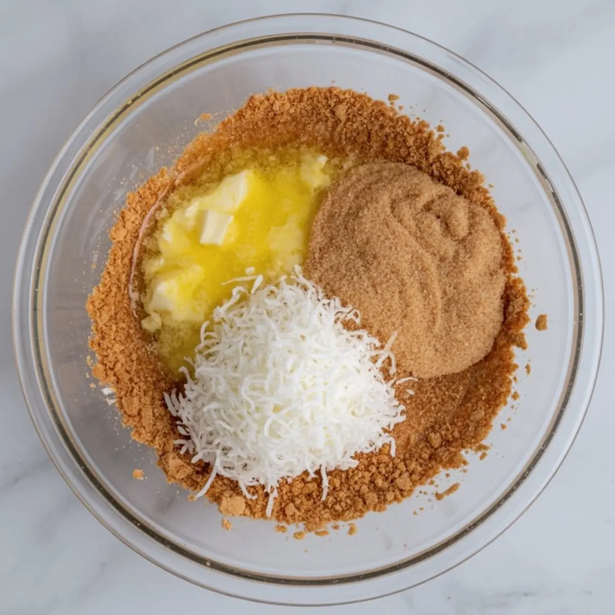 Glass mixing bowl containing crushed graham crackers, shredded coconut, melted butter, and brown sugar for dessert crust preparation.
