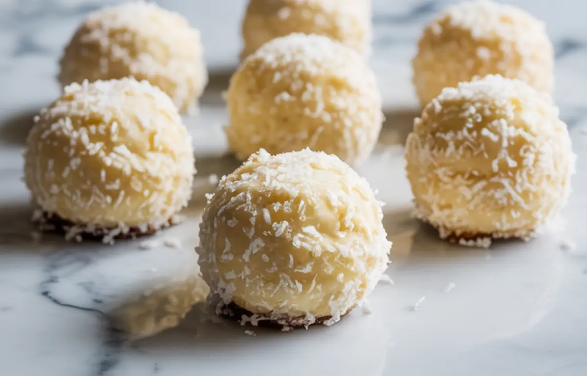 Multiple round coconut cheesecake bites arranged on a marble surface, each with a visible graham crust and coconut coating.
