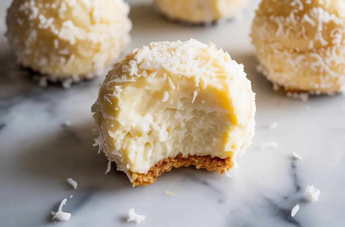 Close-up of a bitten coconut cheesecake bite, showing a creamy center, toasted crust, and fluffy coconut coating.
