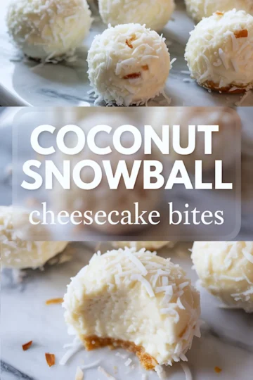 Homemade coconut snowball cheesecake bites rolled in shredded coconut, styled on a marble surface with text overlay describing the recipe.