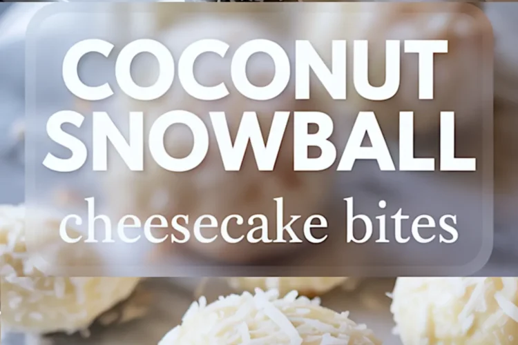 Homemade coconut snowball cheesecake bites rolled in shredded coconut, styled on a marble surface with text overlay describing the recipe.
