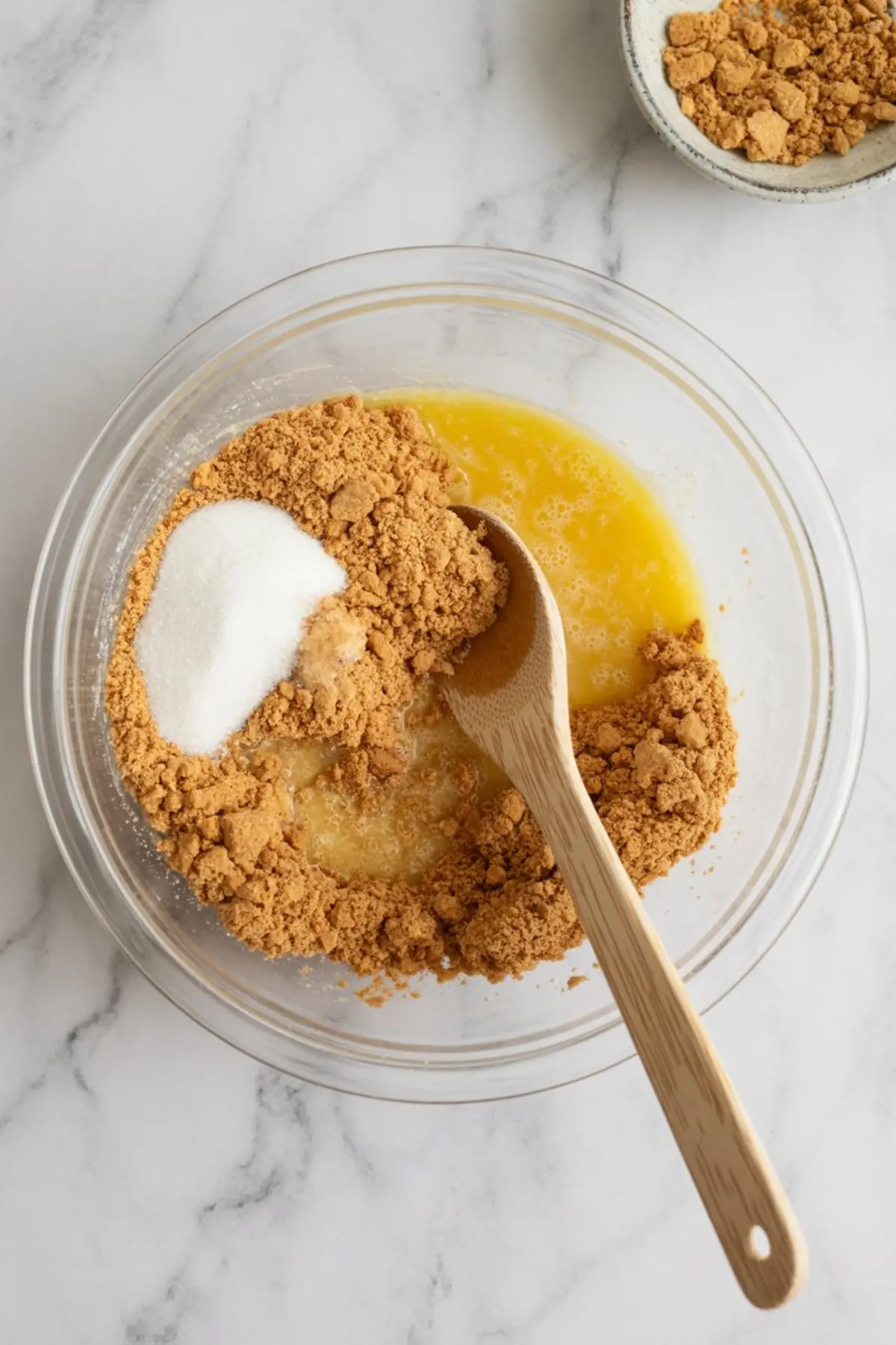 Graham cracker crumbs, granulated sugar, and melted butter being mixed with a wooden spoon in a glass bowl for a cheesecake crust.
