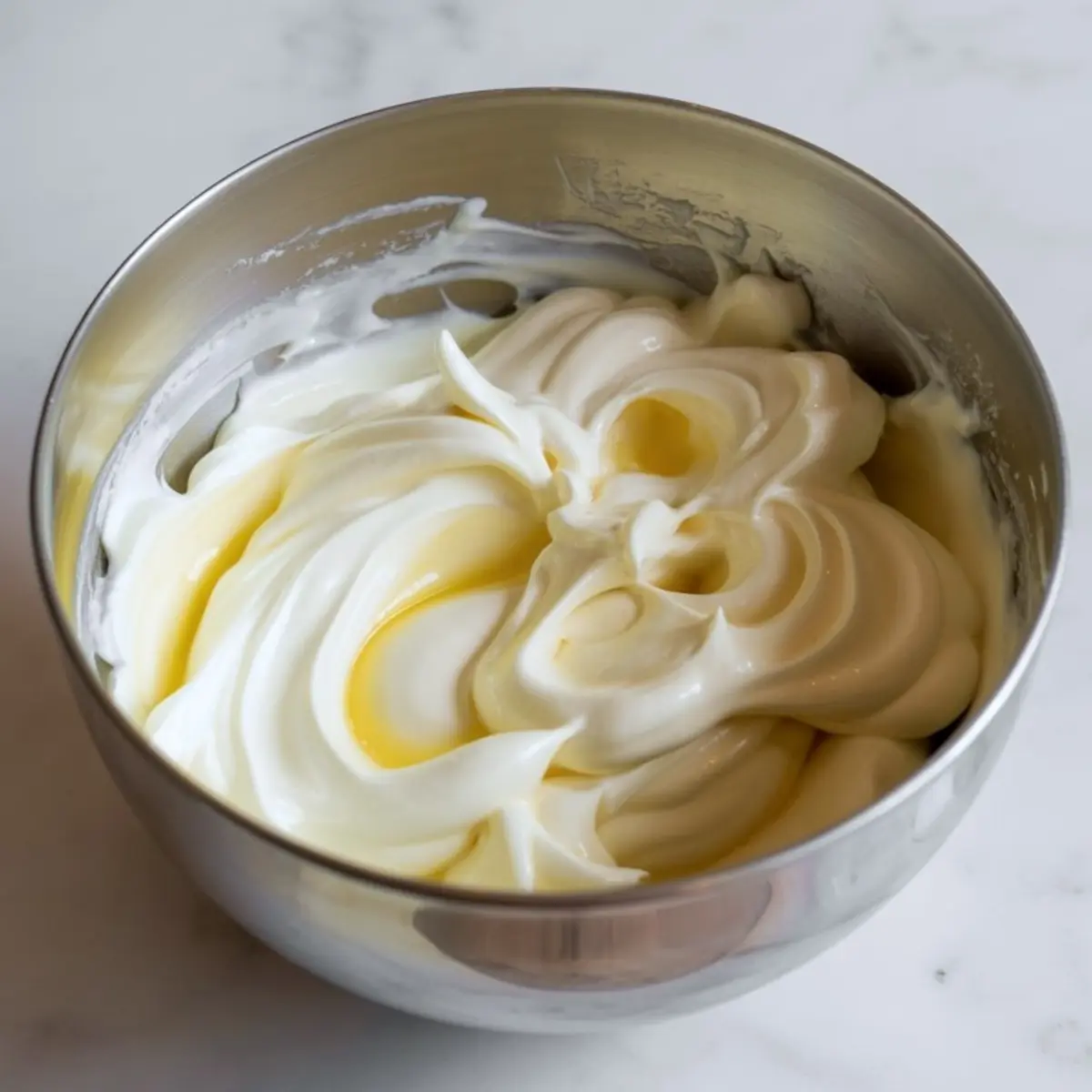 Thick cheesecake filling swirled with lemon curd in a stainless steel mixing bowl, creating a smooth, creamy texture.
