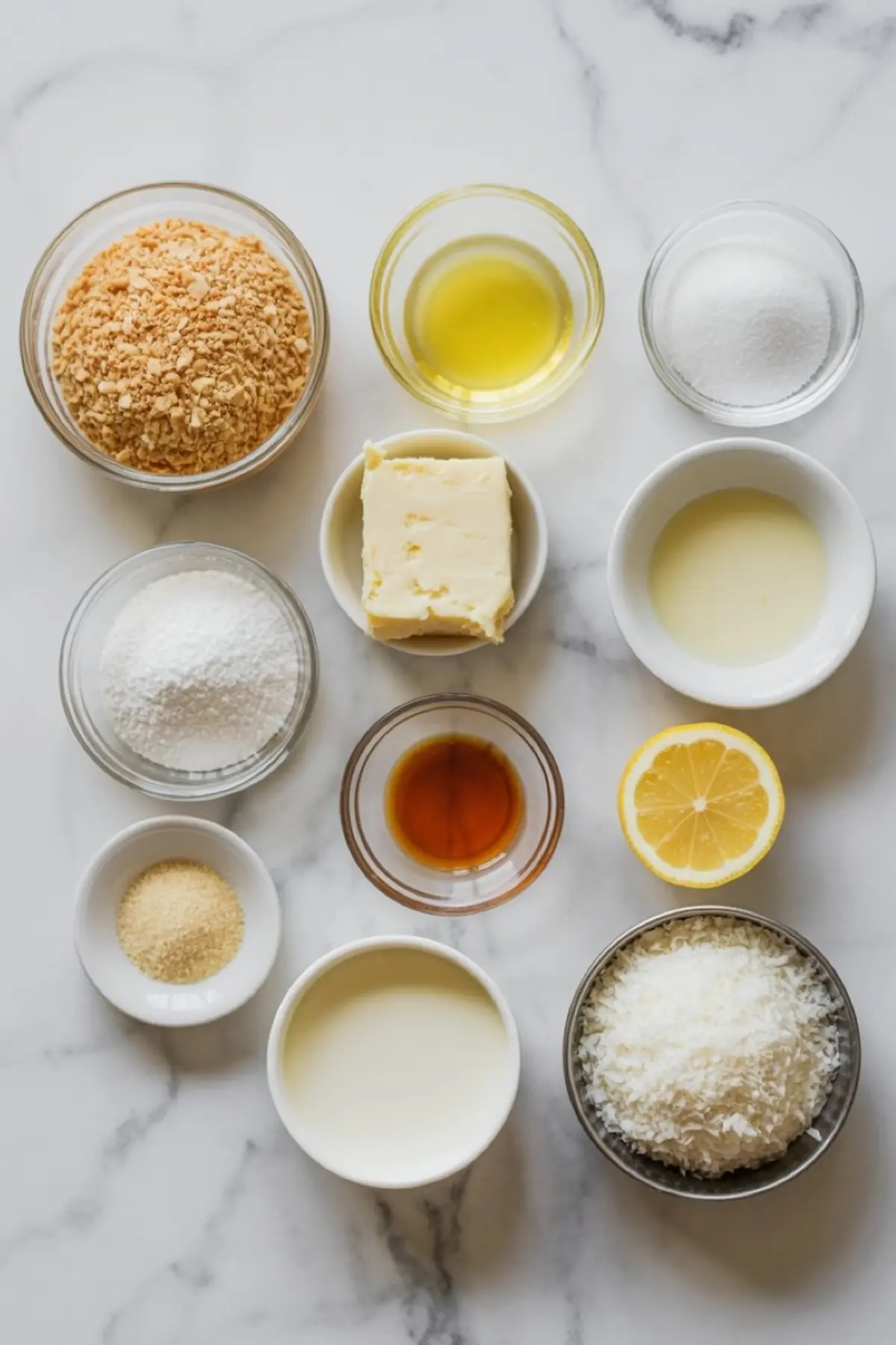 Flat lay of ingredients on a marble surface including graham crumbs, butter, sugar, lemon, vanilla extract, shredded coconut, and condensed milk.
