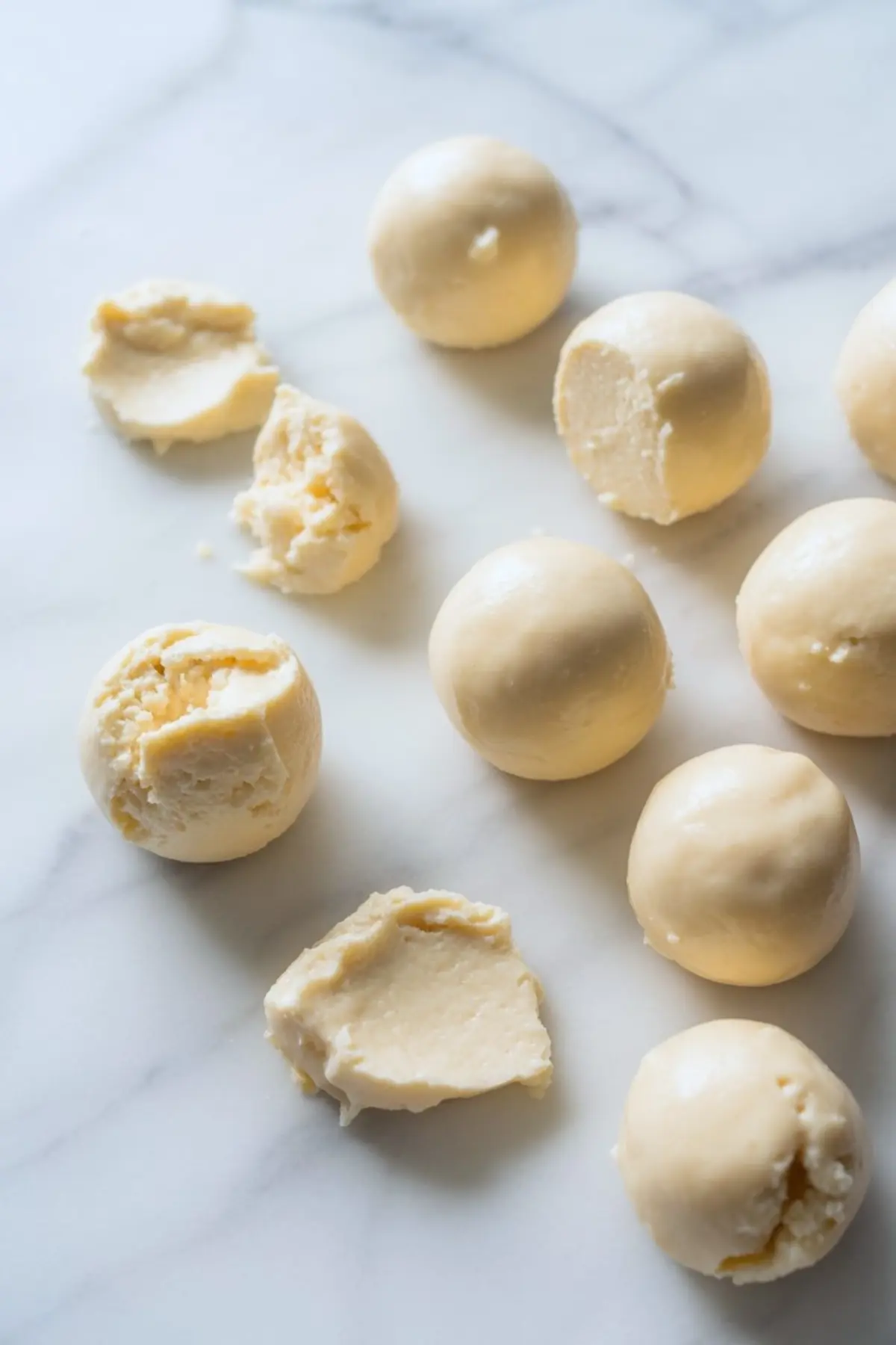 Smooth, uncoated cheesecake balls in various stages of shaping on a marble surface, showing creamy texture and soft edges.
