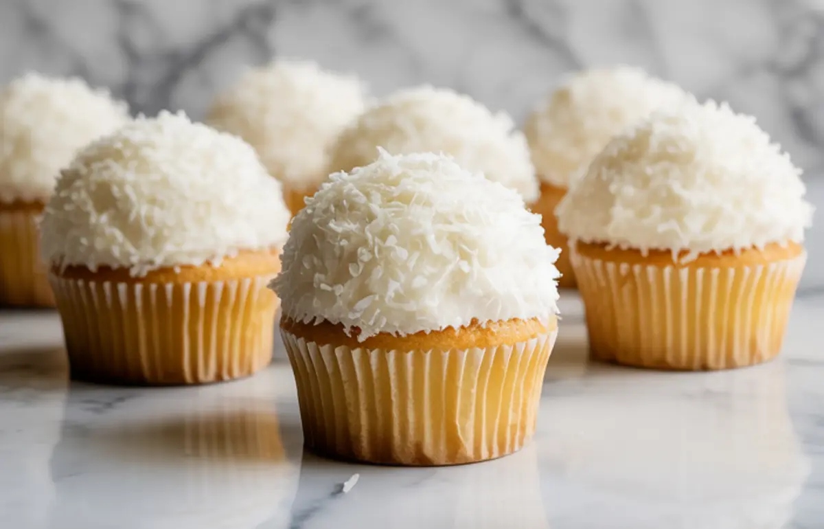 Several coconut snowball cupcakes are arranged on a marble surface, each with a tall swirl of white frosting coated in shredded coconut.