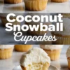 A collage presents frosted coconut cupcakes with a white background. The top image captures several whole cupcakes, the middle features the recipe name, and the bottom shows a close-up of a cupcake with a soft and fluffy bite taken out.