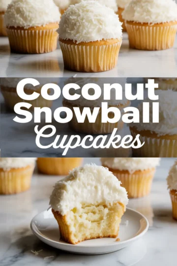 A collage presents frosted coconut cupcakes with a white background. The top image captures several whole cupcakes, the middle features the recipe name, and the bottom shows a close-up of a cupcake with a soft and fluffy bite taken out.