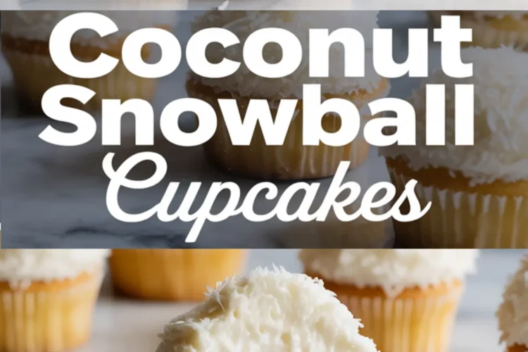 A collage presents frosted coconut cupcakes with a white background. The top image captures several whole cupcakes, the middle features the recipe name, and the bottom shows a close-up of a cupcake with a soft and fluffy bite taken out.