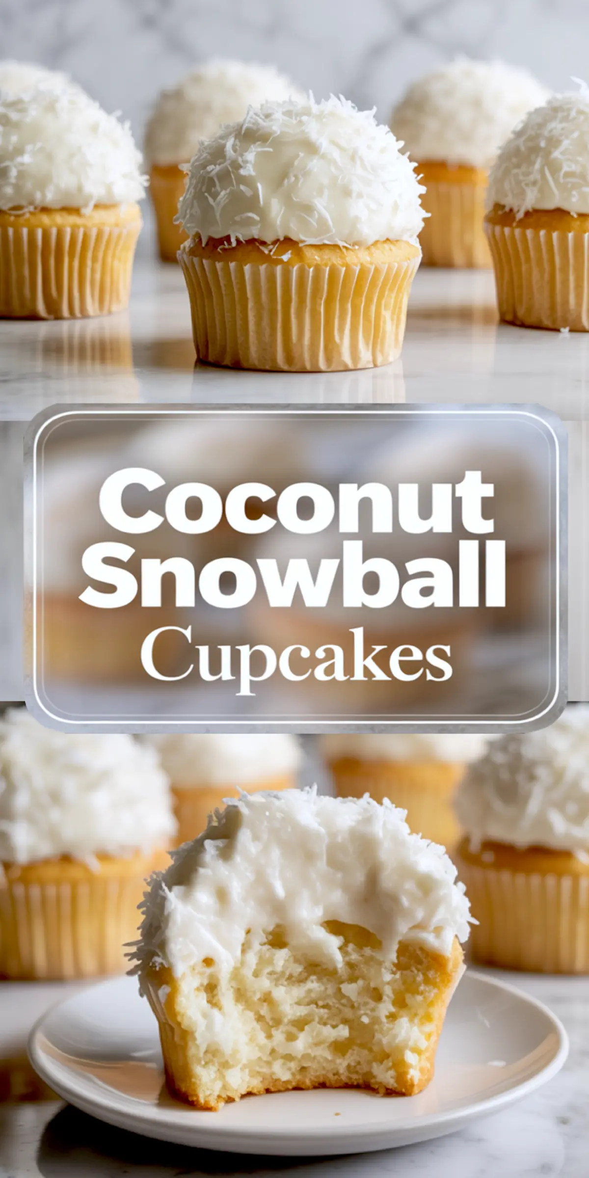 A collage showcases coconut cupcakes topped with shredded coconut frosting. The top part shows the decorated cupcakes, the center includes the recipe title, and the bottom reveals the texture of the interior through a bitten cupcake on a plate.