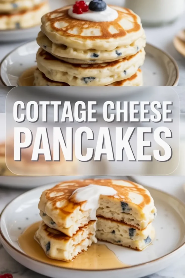Cottage cheese pancakes stacked on a plate and sliced open to show fluffy inside with blueberries, served with maple syrup and yogurt, captioned “Cottage Cheese Pancakes.”