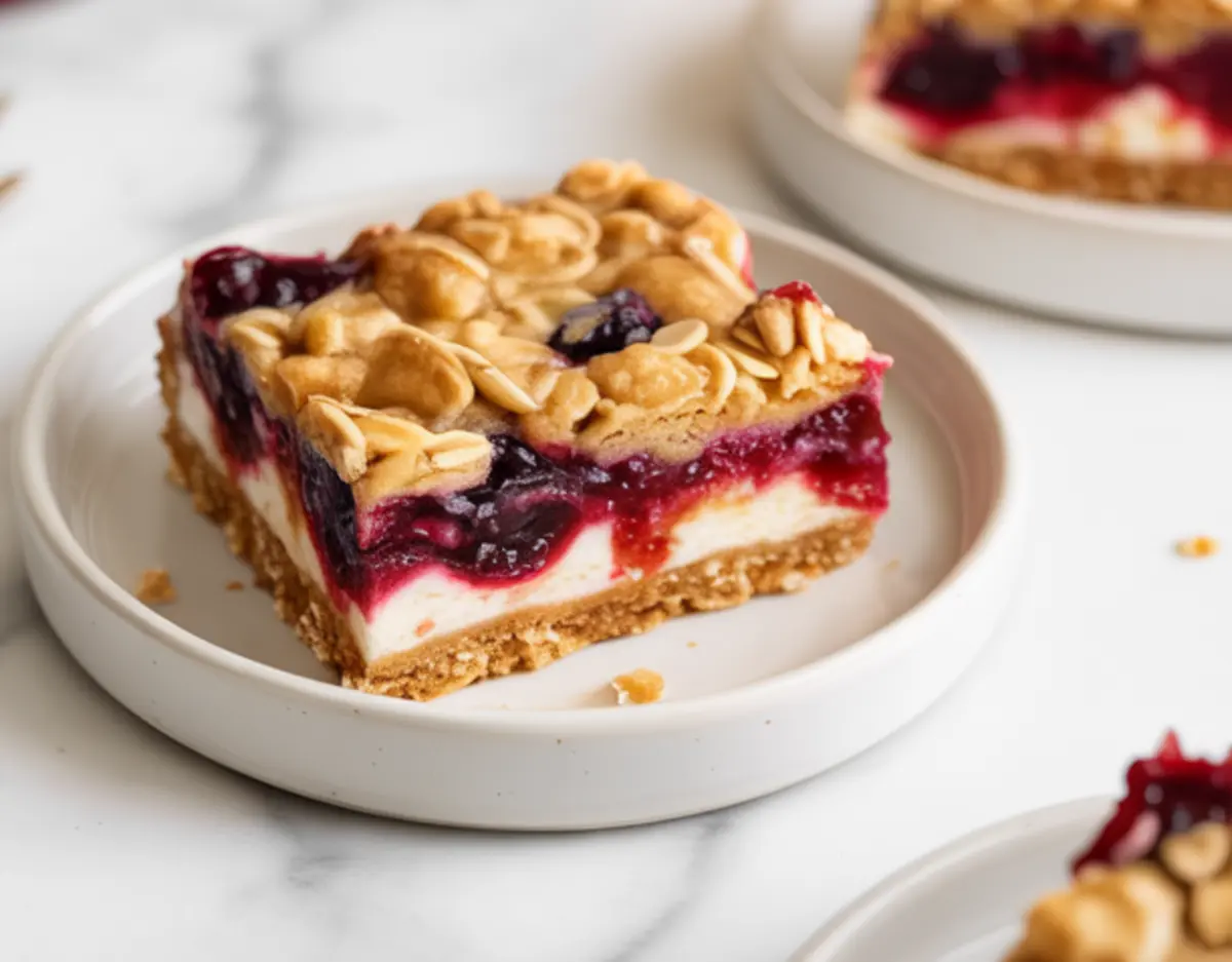 Close-up of a cranberry oatmeal cheesecake bar on a white plate, showing distinct layers of graham cracker crust, creamy filling, cranberry compote, and oat topping.