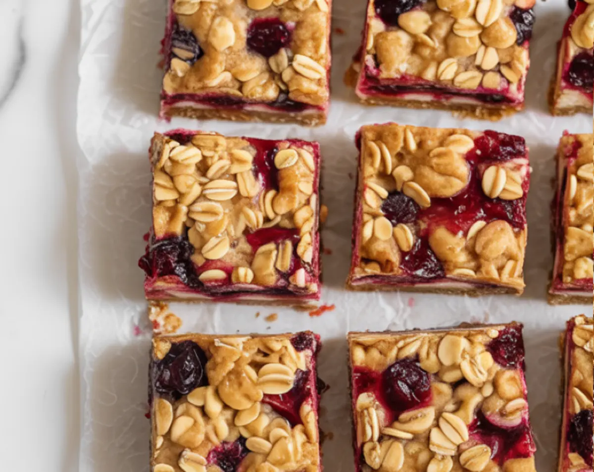 Overhead view of evenly sliced cranberry oatmeal bars arranged on parchment paper, with a golden oat topping and vibrant red cranberry layer.