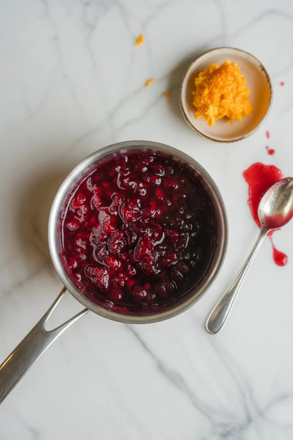 Overhead view of homemade cranberry sauce simmering in a stainless steel saucepan, with fresh orange zest in a small bowl and cranberry juice splatters on a marble surface.