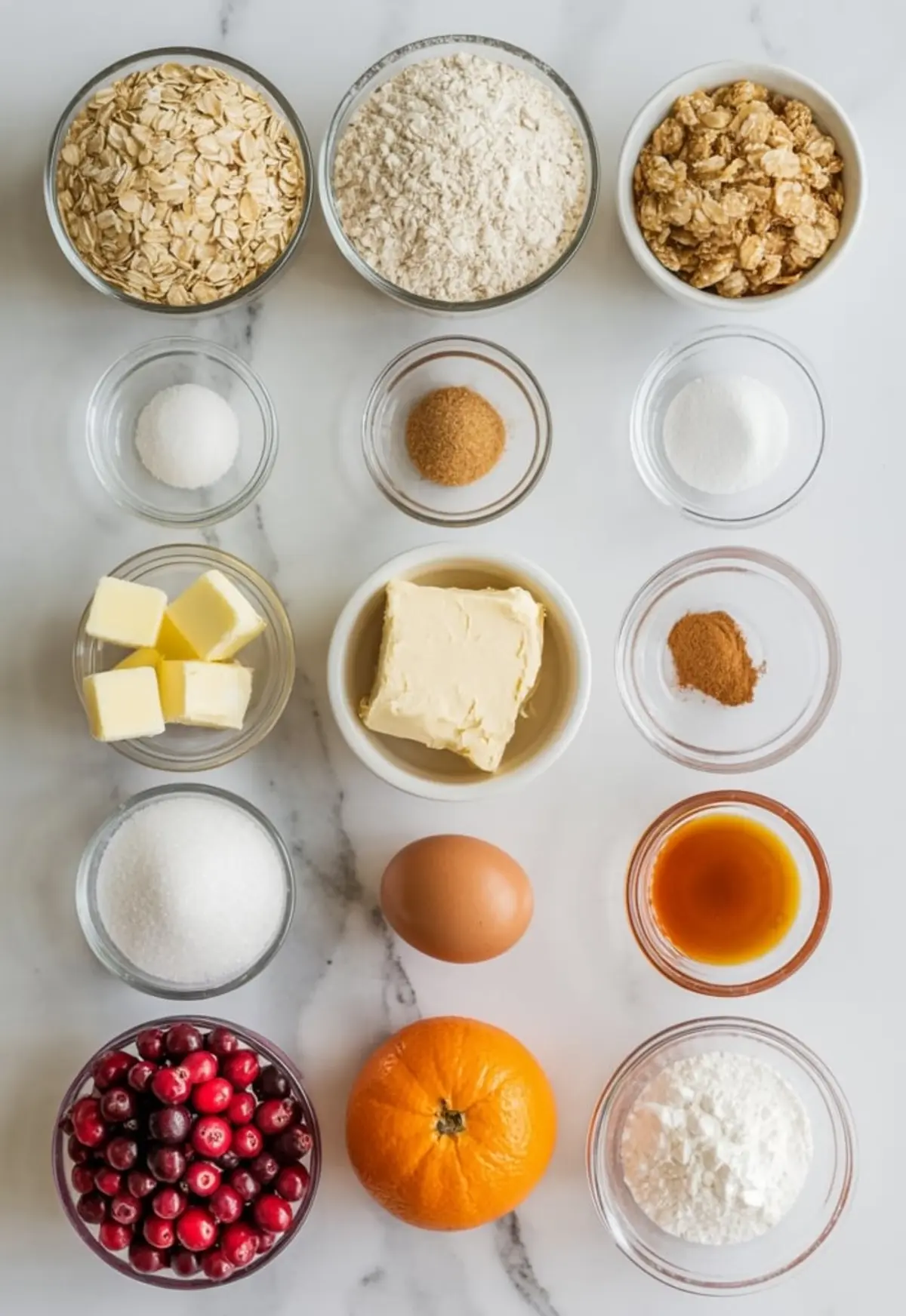 Flat lay of baking ingredients in glass bowls including rolled oats, all-purpose flour, granola, granulated sugar, brown sugar, cinnamon, salt, vanilla extract, butter, cream cheese, egg, cranberries, orange, and powdered sugar.