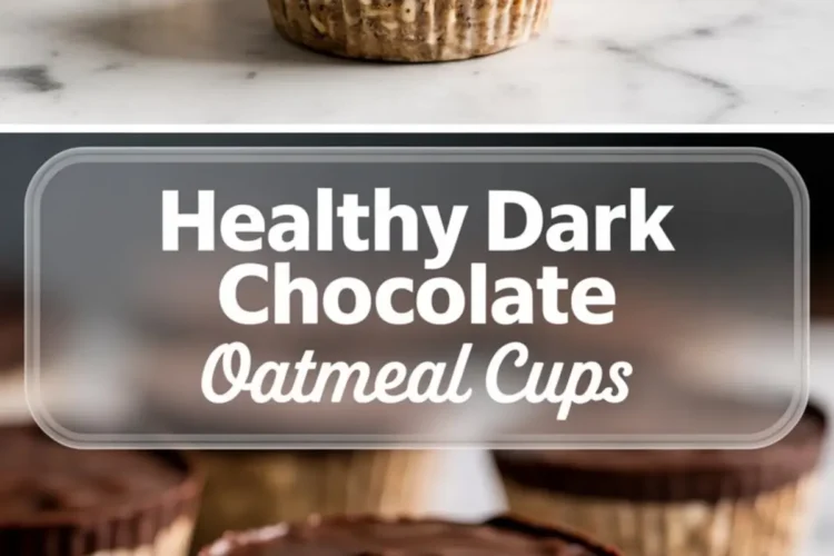 Collage showing healthy dark chocolate oatmeal cups from angled and straight-on perspectives, with shiny chocolate tops and visible oat textures, layered with a title overlay that reads “Healthy Dark Chocolate Oatmeal Cups.”