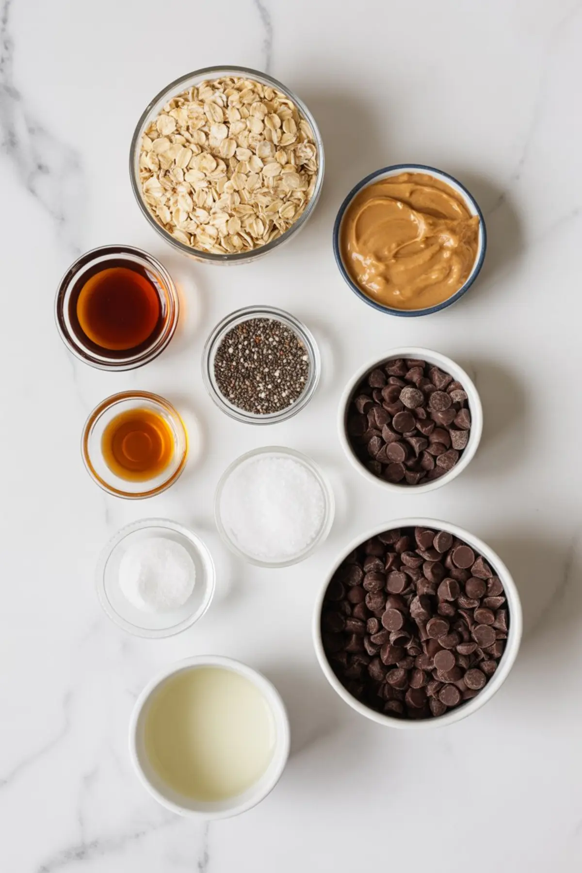 Flat lay of healthy oatmeal cup ingredients including rolled oats, creamy peanut butter, dark chocolate chips, maple syrup, chia seeds, coconut oil, vanilla extract, and salt, arranged in small bowls on a marble background.
