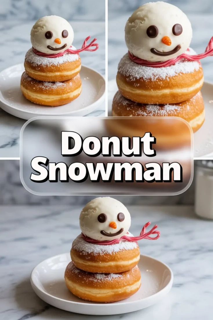 A festive donut snowman dessert made with two stacked powdered sugar donuts, topped with a vanilla ice cream scoop shaped like a snowman head. The snowman has chocolate chip eyes, a small orange candy nose, a curved chocolate mouth, and a red licorice scarf. Styled on a white plate over a marble background, the image includes close-ups and full views with a bold “Donut Snowman” text overlay.