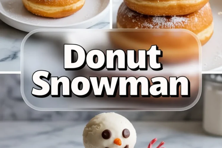 A festive donut snowman dessert made with two stacked powdered sugar donuts, topped with a vanilla ice cream scoop shaped like a snowman head. The snowman has chocolate chip eyes, a small orange candy nose, a curved chocolate mouth, and a red licorice scarf. Styled on a white plate over a marble background, the image includes close-ups and full views with a bold “Donut Snowman” text overlay.