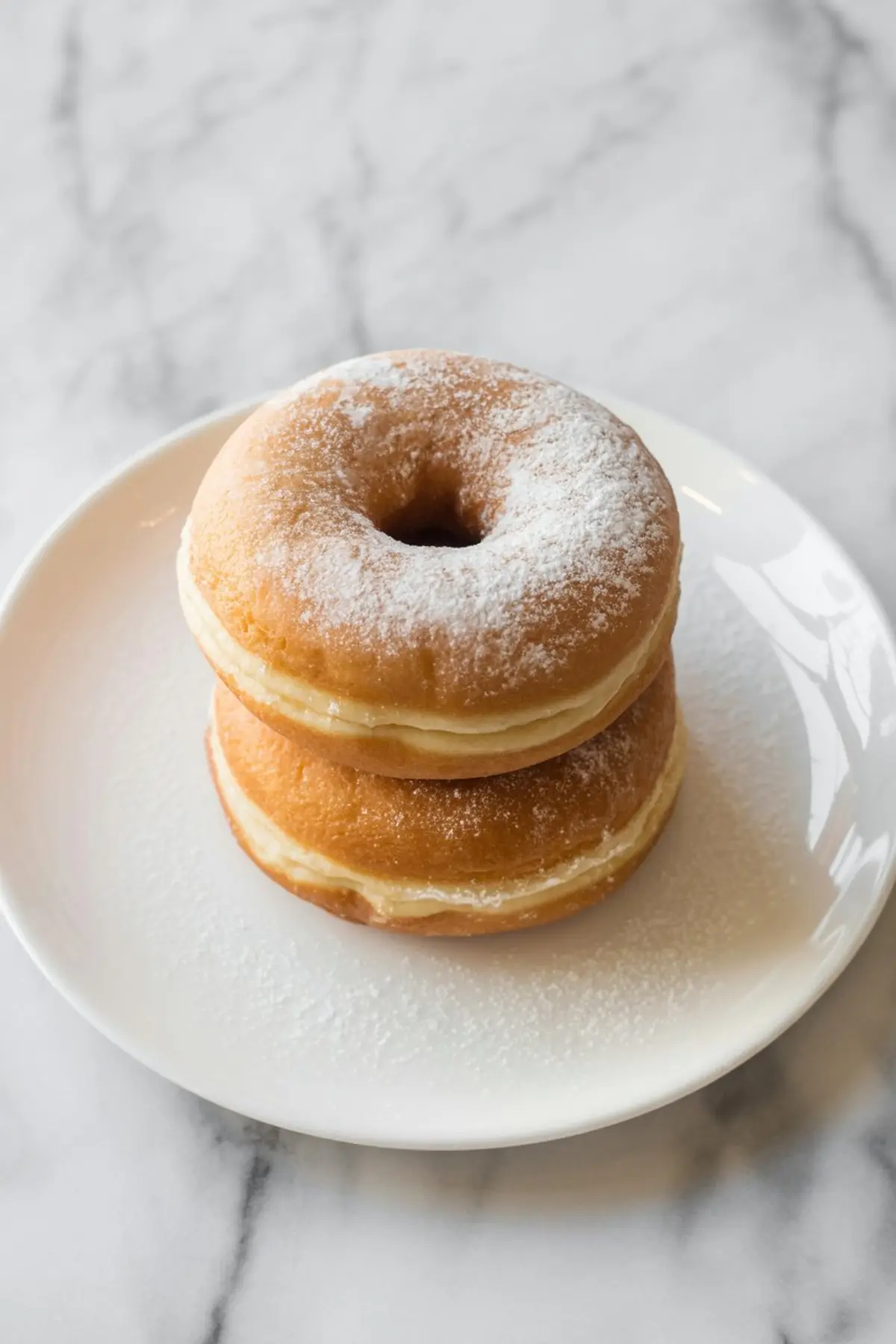 Two powdered sugar donuts stacked on a white plate over a marble surface. The donuts are golden brown with a light dusting of powdered sugar and a visible soft texture.
