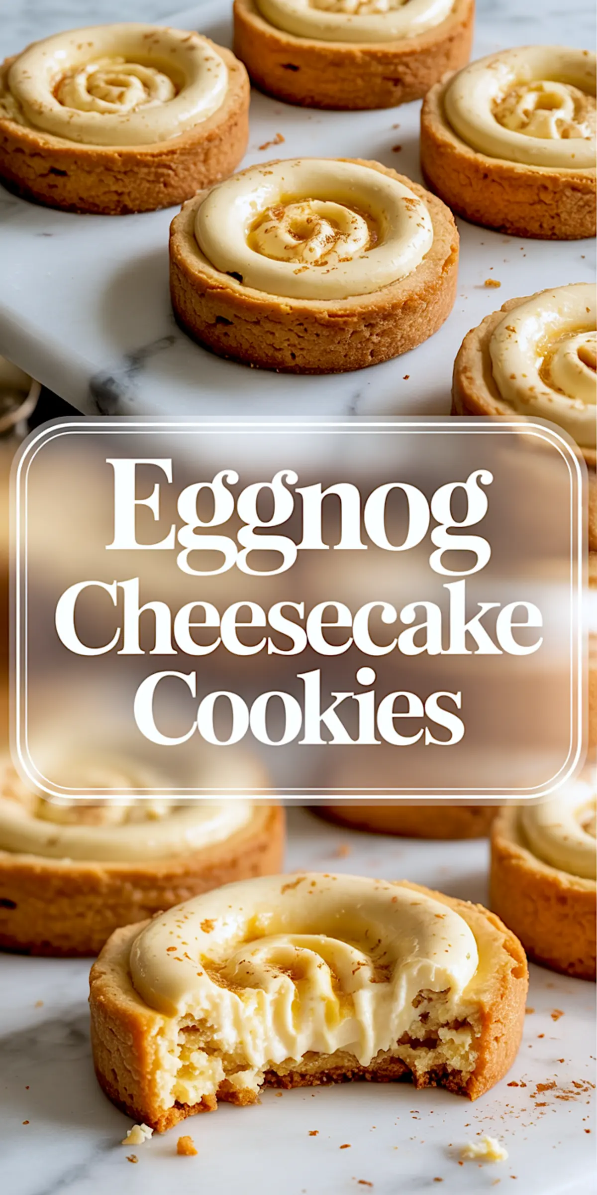 Eggnog cheesecake cookies with golden crusts and creamy eggnog filling swirled on top, arranged on marble. A bitten cookie in the foreground shows a soft cheesecake center.
