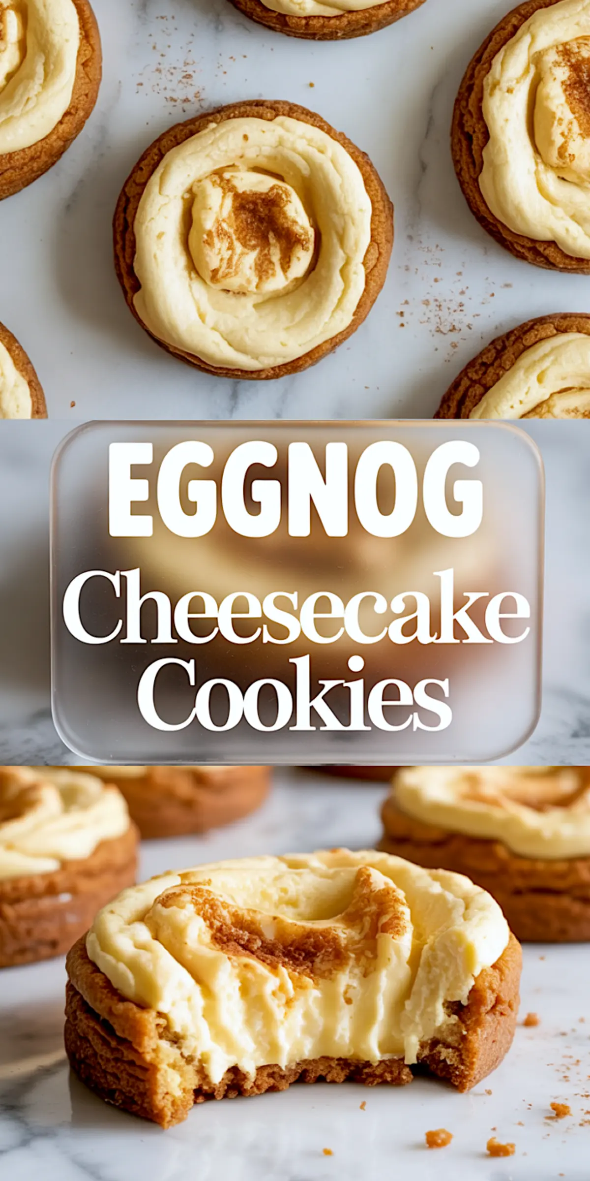 Baked eggnog cheesecake cookies topped with a golden swirl of filling and cinnamon, shown whole and with a soft-centered cookie bitten to reveal its creamy texture.

