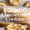 Eggnog cheesecake cookies with piped filling and a sprinkle of nutmeg on top, featuring a close-up of a cookie with a gooey cheesecake bite taken out.