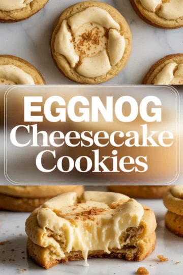 Eggnog cheesecake cookies with piped filling and a sprinkle of nutmeg on top, featuring a close-up of a cookie with a gooey cheesecake bite taken out.