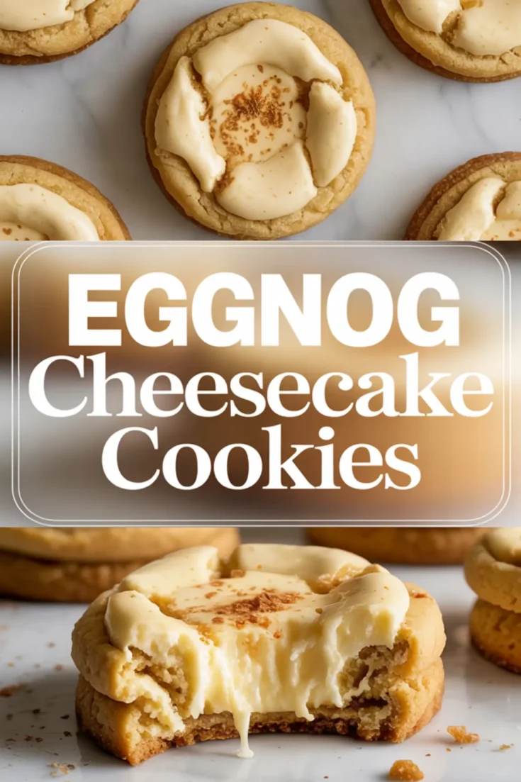 Eggnog cheesecake cookies with piped filling and a sprinkle of nutmeg on top, featuring a close-up of a cookie with a gooey cheesecake bite taken out.