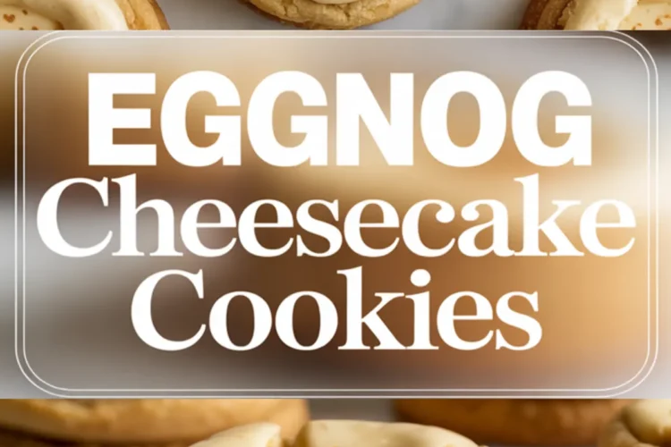 Eggnog cheesecake cookies with piped filling and a sprinkle of nutmeg on top, featuring a close-up of a cookie with a gooey cheesecake bite taken out.