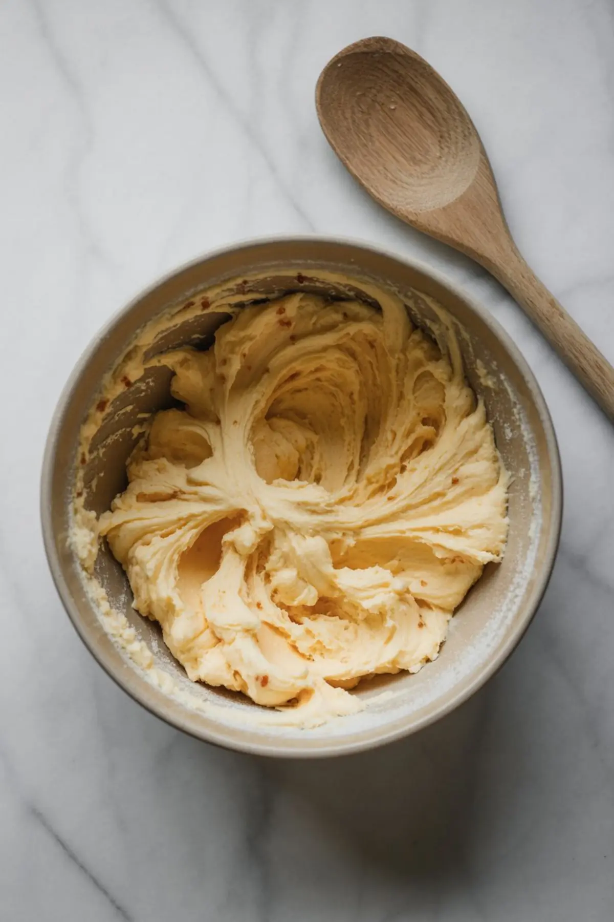 Creamed butter and sugar mixture in a mixing bowl with a wooden spoon beside it on a marble surface.
