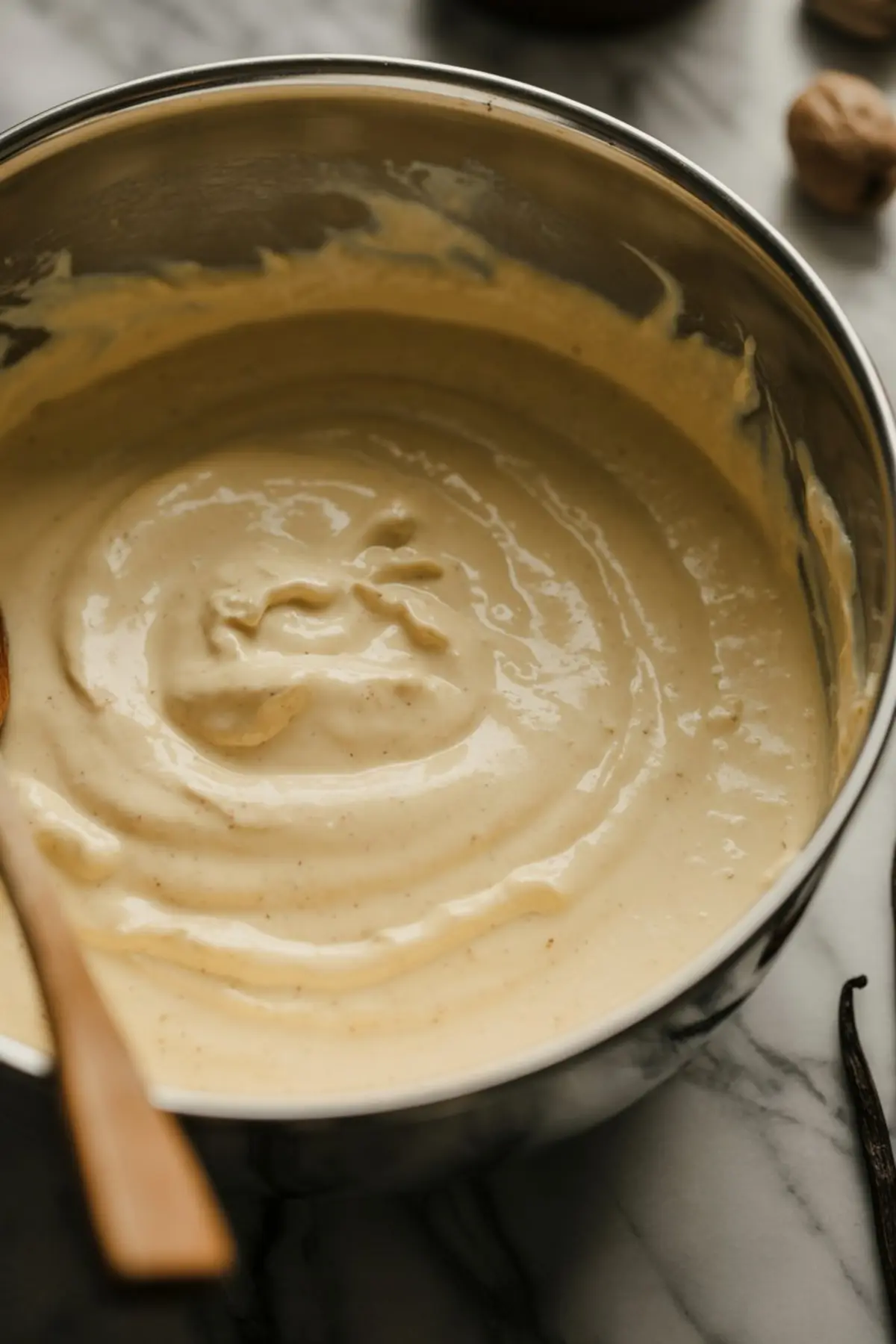 Eggnog cheesecake filling in a metal bowl with a creamy, pourable consistency.
