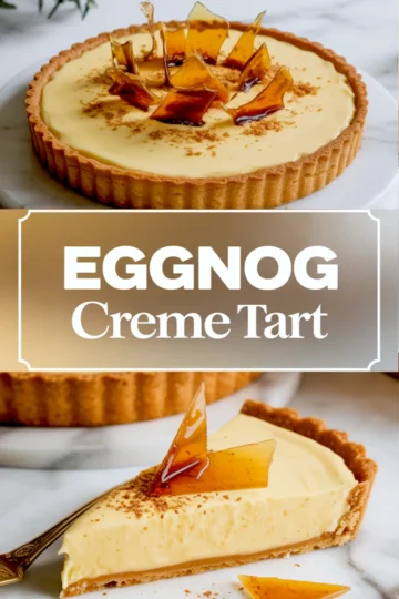 Top and side view of an eggnog crème tart with deep caramel shard decorations, creamy yellow filling, and a golden shortcrust base, captioned with “Eggnog Crème Tart” in bold white text.