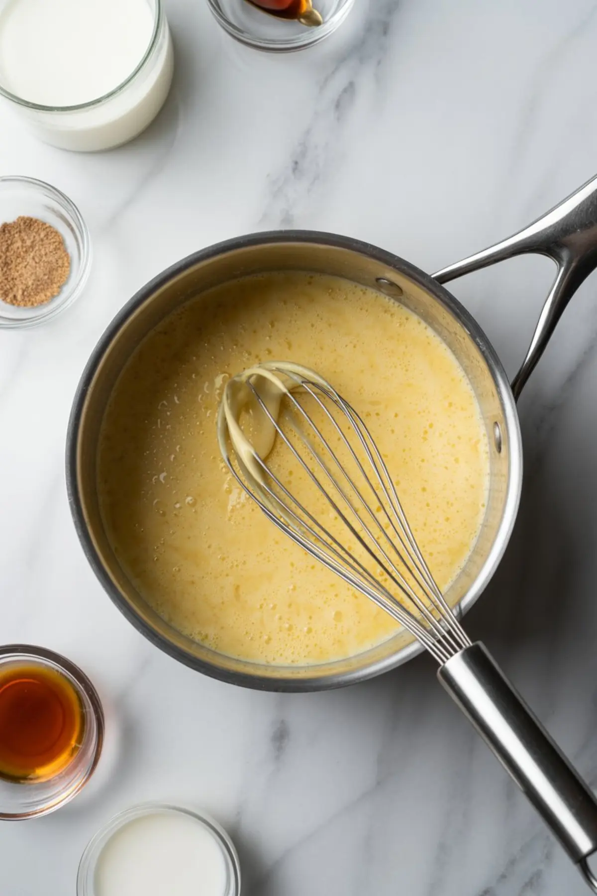 Whisk inside a saucepan filled with thick, golden eggnog custard surrounded by jars of milk, spices, and vanilla extract.
