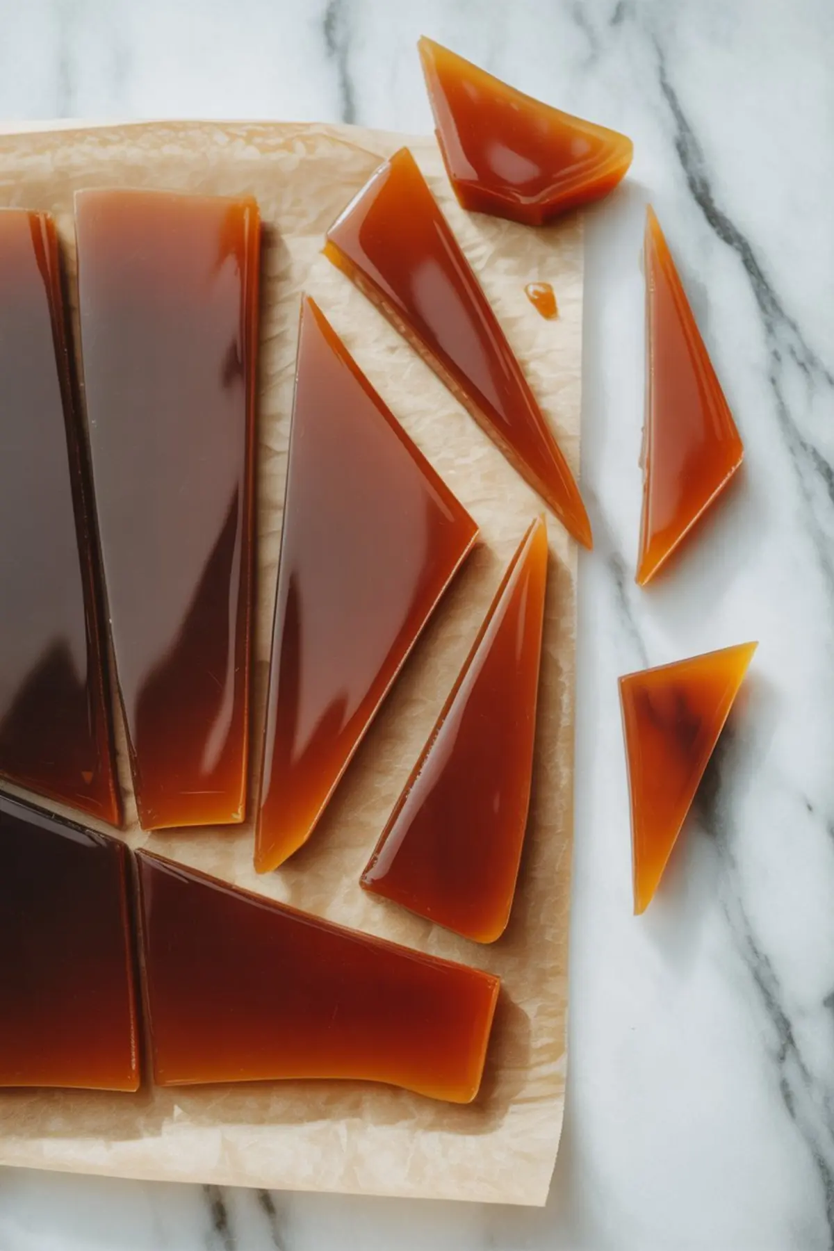 Shards of amber caramel on parchment paper, broken into sharp, glossy pieces on a marble surface.

