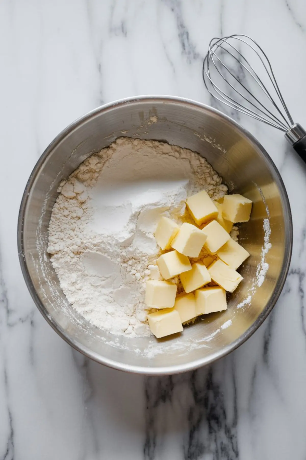 Cubed butter and flour in a stainless steel mixing bowl, with a whisk resting on a marble countertop.
