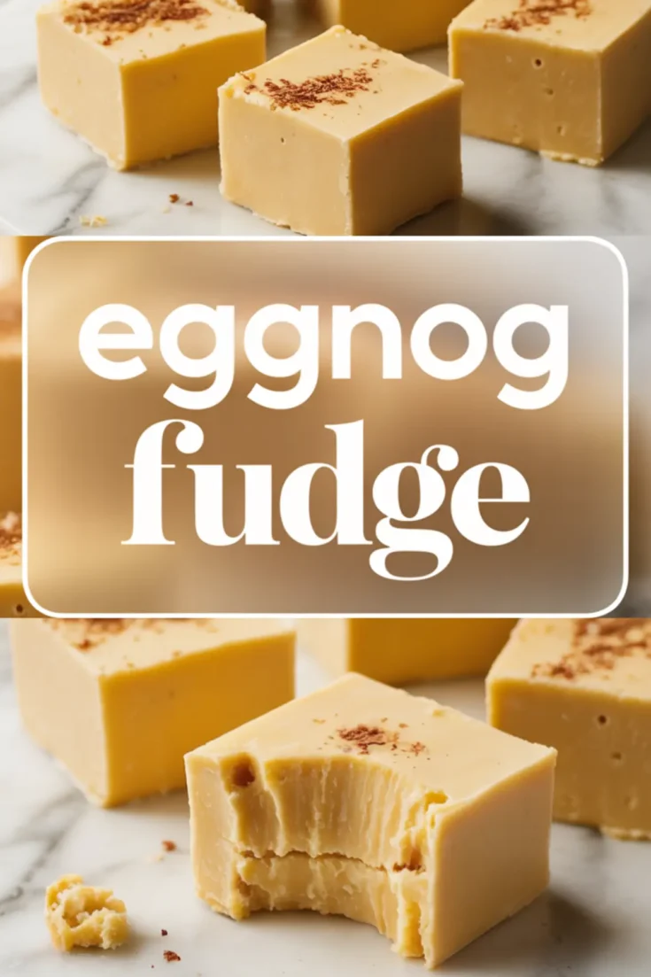 Vertical collage with festive eggnog fudge squares on a marble surface. The center text reads “eggnog fudge” in a white frame, while the bottom showcases a bitten piece with a smooth and dense texture.