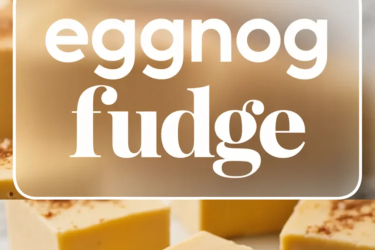 Vertical collage with festive eggnog fudge squares on a marble surface. The center text reads “eggnog fudge” in a white frame, while the bottom showcases a bitten piece with a smooth and dense texture.