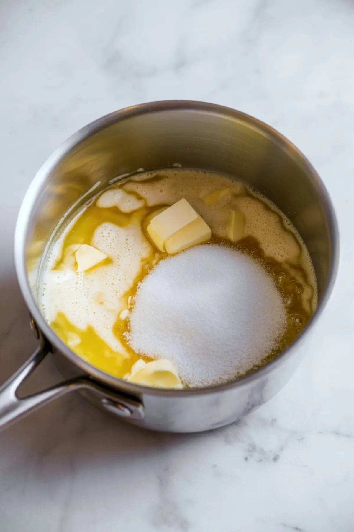 A stainless steel saucepan with eggnog fudge ingredients, showing melted butter, granulated sugar, and eggnog before cooking on a marble countertop.
