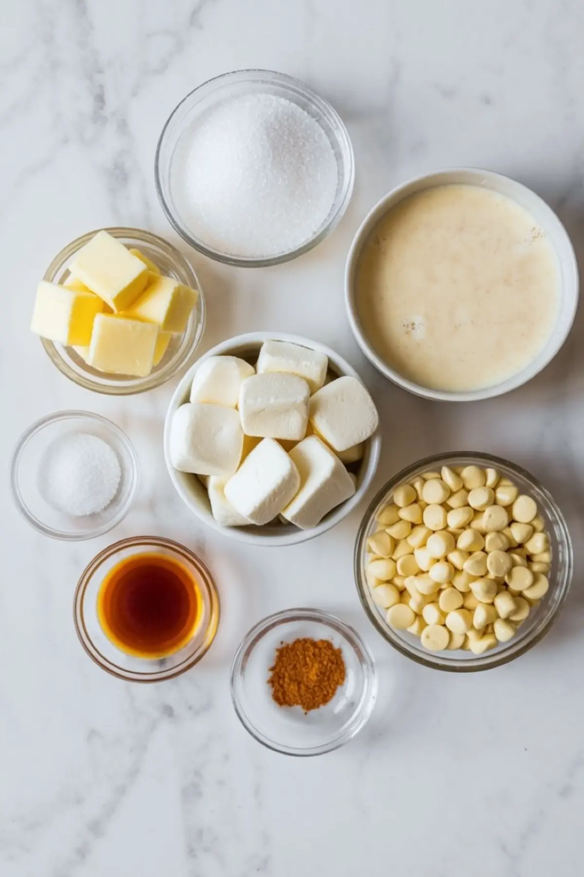Glass bowls filled with ingredients for eggnog fudge on a white marble surface, including mini marshmallows, white chocolate chips, cubed butter, granulated sugar, vanilla extract, ground nutmeg, salt, and a bowl of eggnog.
