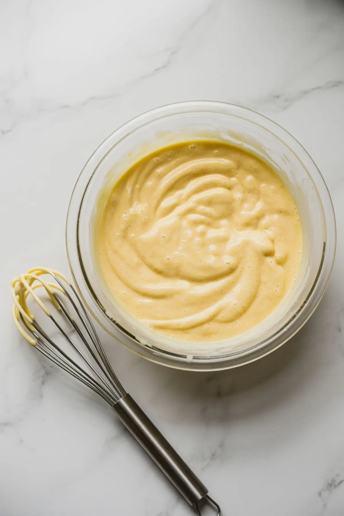 Glass bowl of freshly whisked eggnog pudding mixture with a smooth and airy texture, placed on a white marble countertop next to a metal whisk coated in creamy batter.
