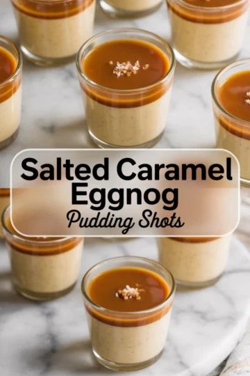 Collage showing front and top views of mini glass cups filled with salted caramel eggnog pudding, each topped with glossy caramel and sprinkled with flake salt, set against a marble surface with a clear label that reads “Salted Caramel Eggnog Pudding Shots.”