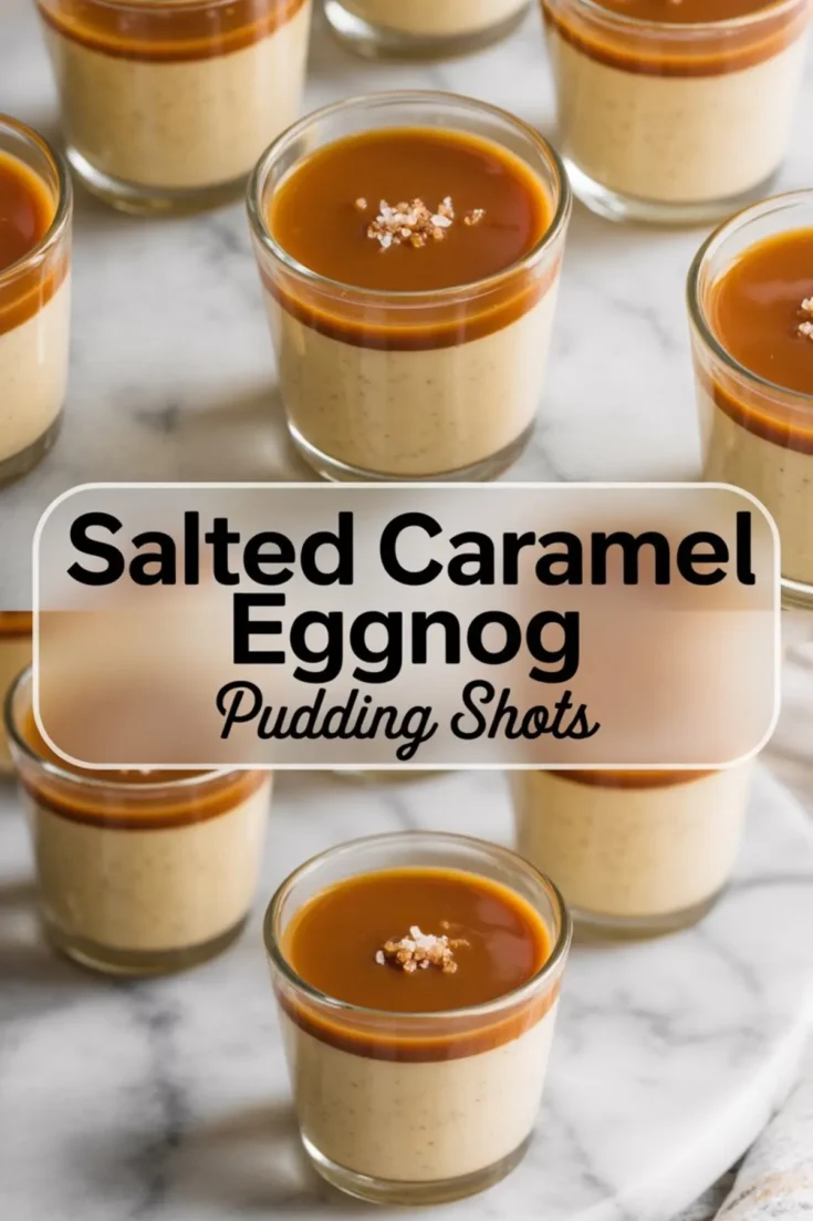Collage showing front and top views of mini glass cups filled with salted caramel eggnog pudding, each topped with glossy caramel and sprinkled with flake salt, set against a marble surface with a clear label that reads “Salted Caramel Eggnog Pudding Shots.”