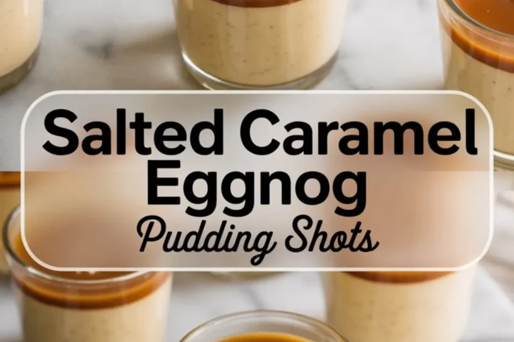 Collage showing front and top views of mini glass cups filled with salted caramel eggnog pudding, each topped with glossy caramel and sprinkled with flake salt, set against a marble surface with a clear label that reads “Salted Caramel Eggnog Pudding Shots.”