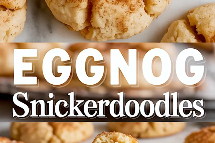 Collage image with a close-up view of baked eggnog snickerdoodles on a white marble background and a bottom shot of warm cookies stacked on a plate, one broken open to display a gooey cream-filled center.