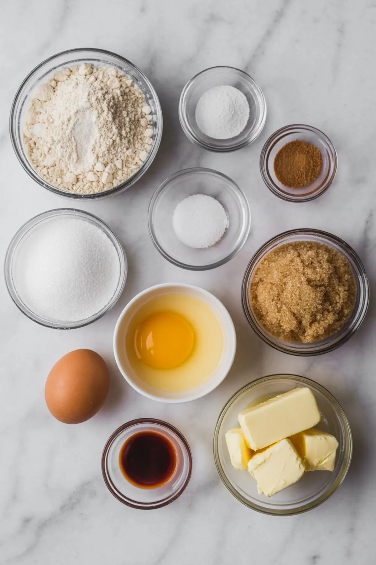 Flat lay image showing individual baking ingredients for eggnog snickerdoodles, including flour, sugars, butter, egg, vanilla, baking soda, and ground nutmeg on a marble countertop.